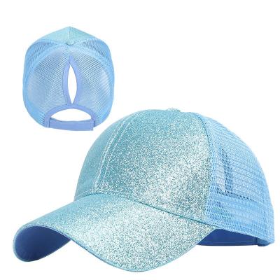 China breathable & Waterproof 6 Multi Colors Panel Snag Back Glitter Messy Adjustable Trucker Mesh Top Ponytail Bling Baseball Cap for sale