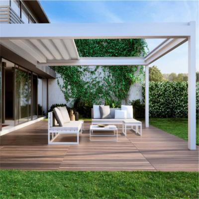 China Outdoor pergola LED light strips/retractable roof pergola with remote control PVC retractable roof to keep out sun and wind for sale