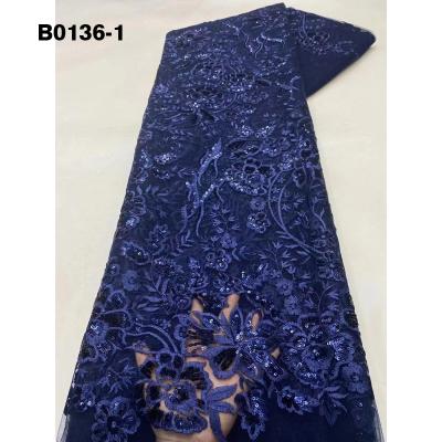 China Viable elegant dress making embroidery sequins Floral tulle asoebi net lace fabric navy blue lady lace fabrics latest sequin for sale