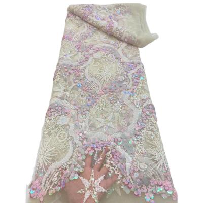 China Guangzhou Fabric Supplier African Viable White Color Embroidered 3d Sequins Tulle Lace Wedding Fabric With Sequins for sale