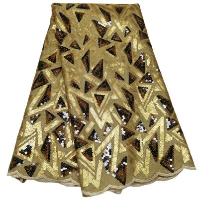 China Viable Hot Selling African Tulle Laces Fabric Wedding Party Dresses Women Gold 5 Yards Sequins Lace Fabrics for sale