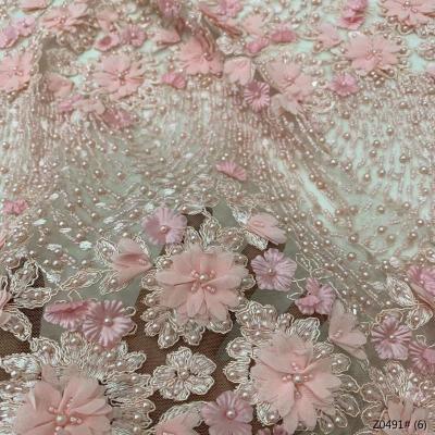 China Viable High Quality Handmade Lace Fabrics Nigerian High End 3D Flower Bead Sequins Embroidery Tulle Wedding Dress Lace Fabric Wholesale for sale