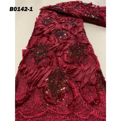 China French Belle 2d Flower Lace Fabric Bride Wedding Dress Lace Fabric Wine Color African Luxury Sequin Sequin Mesh Sequined French Mesh Fabric for sale