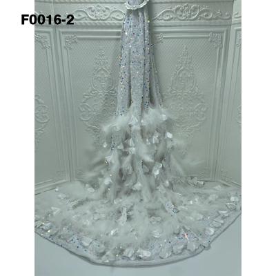 China New African white color workable lady feather flower applique 3d lace flower sequins velvet lace fabric for wedding dress for sale