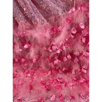 China 2021 modern design workable romantic elegant rose embroidery heavy velvet lace with sequins wedding fabric 3d feather lace fabric for sale