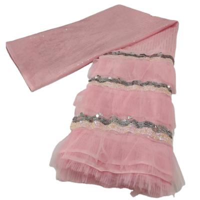 China New Viable Fashion Design Pink Ruffle Tulle Lace For Girls Dancing 5 Yards French Net French Lace Very Cute Fluffy Fabric Skirt Lace for sale