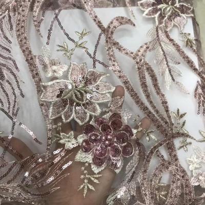 China Guangzhou felicia sustainable african 3d floral lace fabric embroidered flower tulle lace fabrics pink color for sale