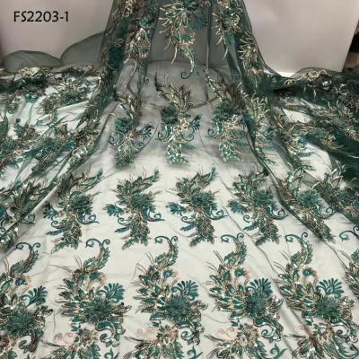 China Viable fashionable 3d embroidery lace fabric for aso ebi green color sequin bridesmaid dresses lace for sale