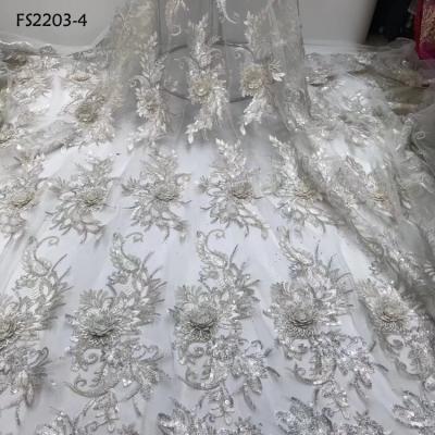 China White Sequins 3d Lace Flowers Embroidery Net Lace Flower Applique Lady Viable Dress Wedding for sale