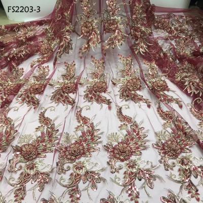 China Red Color Viable High Quality Indian Lace Fabric 3d Embroidery Flower Bridal Tulle Lace With Sequins for sale