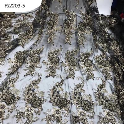 China Black color 3d flower embroidery lace fabric beautiful wedding party polyester workable lace for dresses 2019 for sale