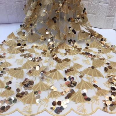 China Lady Viable Dress Embroidery Sequins Tulle Lace Gold Color Velvet Lace Fabric For Party Wedding for sale