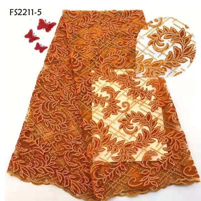 China Viable African French Velvet Lace Fabric With Orange Sequins Color Embroidery Dress Tulle Lace Fabrics for sale