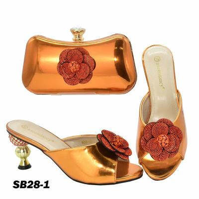 China Durable Hot Orange Leather Bag Set Fashion Sale Women Slipper PU Leather Bag Set Matching Flower Decoration Shoes And Purse for sale