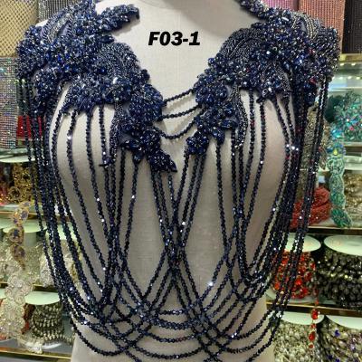 China Hot Selling Decorative Navy Blue Women Tassel Fringe Sparkle Crystal Shoulder Patches Dress Decoration for sale