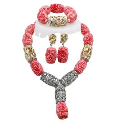 China Premium African Coral Beads Jewelry Set Handmade Coral Jewelry Set Nigerian Wine Red Beaded for sale