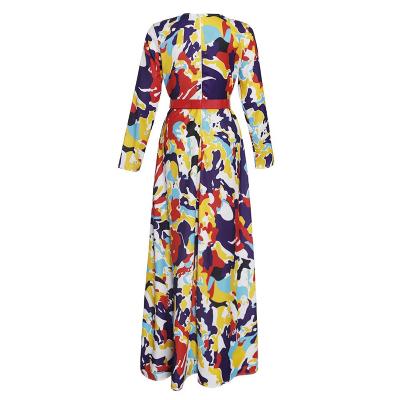 China Beautiful Breathable Ladies Dress 3XL V Neck Spring Colorful Long Dress With A Belt for sale