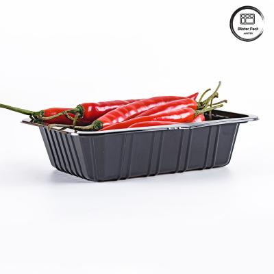 China Supermarket Chili Disposable Plastic Tray Deep Rectangular Fruit Black Containers Vegetables Fresh Packaging Food Tray for sale