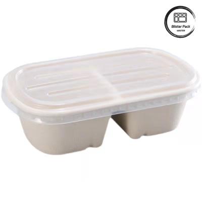 China Sugarcane Bagasse 2 Compartment Clamshell Lunch Box Takeaway Food Plate with Lid for sale