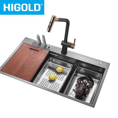 China Modern Stainless Steel Handmade Farmhouse Sink Faucet Black Nano Sink Workstation Drop-In Faucet for sale