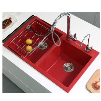 China Without Faucet 850*480*200mm Red Double Bowl Sink Undermount Installation Buffet Countertop for sale