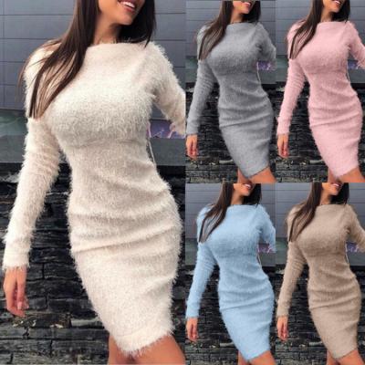 China European and American 2020 new and American anti-wrinkle long-sleeved knitted women's autumn and winter sexy plush waist dress for sale