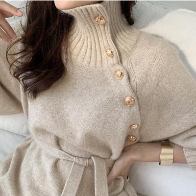 China Anti-wrinkle 2021 falls / and thin winter equipment high waist loose lace-up two-wear neck sweater knitted dress for sale