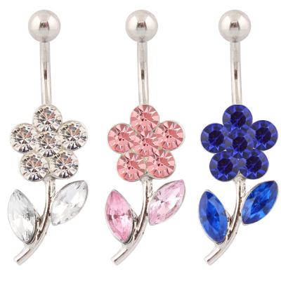 China Hiphop 14G Crystal Flower Belly Button Ring Navel Bar Piercing Ring For Women Body Jewelry for sale