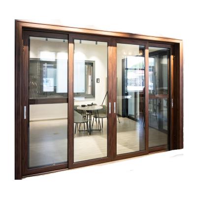 China Modern Thermal Wood Grain Frame Two Track Aluminum Cutoff Sliding Door With Mesh For Hall for sale