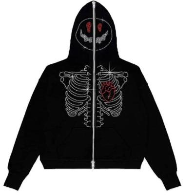 China Bling Rhinestone Transfer Full Logo Zipper Anti Shrink Custom Hoodies String Custom Oversized Skull Logo Rhinestone Hoodie for sale