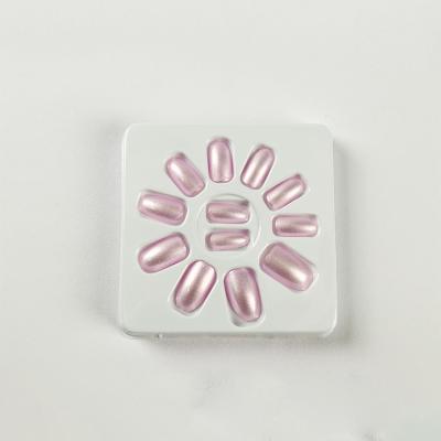 China 2020 French Solid Nails Full Cover Short False French Acrylic Nail Tips With Pink Shiny Crystal Coating for sale