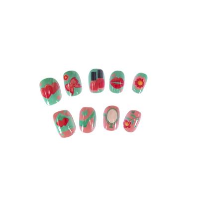 China French the new red and green little girl with nails 20pcs children's model flowers and fake cosmetics for sale