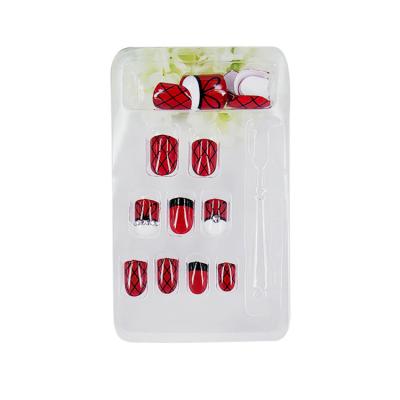 China Black Line 3D Nails Private Label Design Red Bottom Style Nails Artificial Fake French Nail With Rhinestones for sale