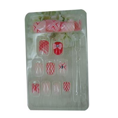 China Girls False Nails Red Pattern French Series Artificial Transparent Bottom With Rhinestones for sale