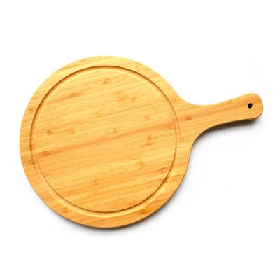 China Sustainable Large Round Bamboo Pizza Board With Handle Groove Bamboo Chopper for sale