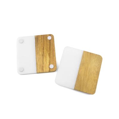 China Sustainable Wholesale Wooden Coaster Sets in White Marble and Acacia Wood for sale