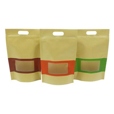 China Barrier With Clear Window Kraft Paper Handle Stand Up Pouch Bags Flat Bottom Food Packaging for sale