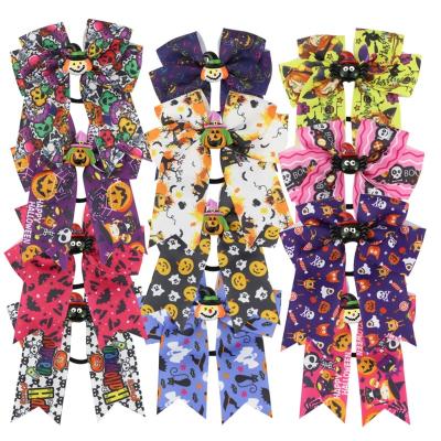 China Eco-friendly Export Quality 3.9 Inch Hair Hangers Girls Halloween Funny Printed Bowknot Hair Ring for sale