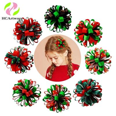 China HCArtware's new 3 inch European and American style Christmas cute children's hairbows boutique ribbon hair clips for girls hollow out handmade ribbon hairpins for sale