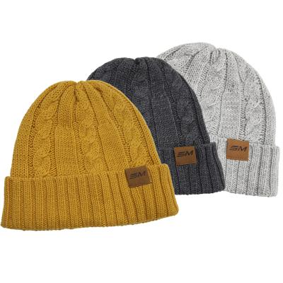 China COMMON Winter Soft Repreve Merino Wool Blended Knitted Beanie Cuffed Beanie With Custom Leather Patch Label for sale