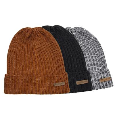 China COMMON Rib Winter Wool Beanie Men Custom Knitting Hats For Adults With Leather Label for sale