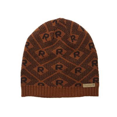 China JOINT Merino Wool Knitted Beanie Hat with Custom Jacquard Logo and Leather Brand Patch for sale