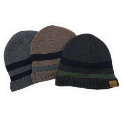 China JOINT Wool Stripe Jacquard Knitted Mens Beanie Hat With Fleece Lining For Winter for sale