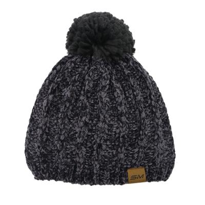 China COMMON Chenille Warm Unisex Jacquard Knitted Winter Fur Pom Pom Beanie Hat With Fleece Lining for sale