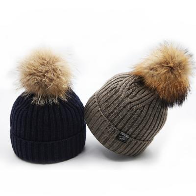 China COMMON Women's Skull Cap Warm Winter Knitted Beanie Hat With Faux Fur Pompom for sale