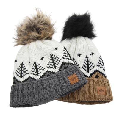 China COMMON Wholesale Women Pom Pom Beanie Winter Hat Custom Made Acrylic With Leather Label for sale