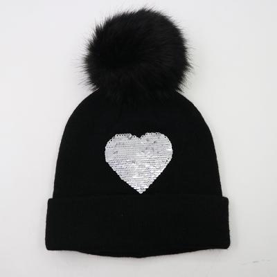 China JOINT Fashion Women Winter Beanie Hat With Bling Sequin Heart Star Acrylic Knitted Patch for sale