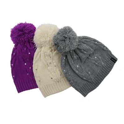 China Newest Design Quality Acrylic Cable Jacquard Winter COMMON Pom Pom Knit Beanie Hat With sequins for sale