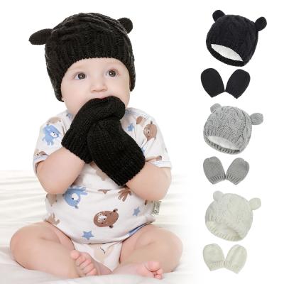 China COMMON Soft Knitted Infant Newborn Baby Toddler Beanie Hat And Mitten Gloves Set For Cold Winter Weather for sale