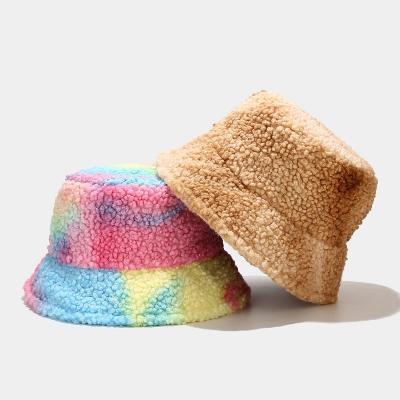 China Wholesale Picture Link Dye Rainbow Faux Fur Winter Designer Bucket Hat For Women Ladies Girls for sale